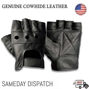 Herren Motorrad Fingerlose Leder Halbfinger Fahren Biker Schwarz Handschuhe Neu - Bild 1 von 3