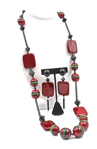 Angela Caputi For Fiocchi Italy Black Burgundy Red Green Necklace & Earrings Set - Picture 1 of 11