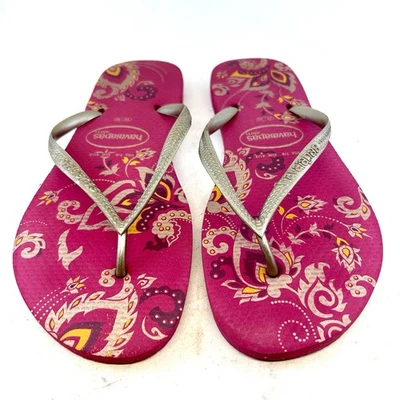 Sandalias Chanclas Havaianas Delgadas Rosa Paisley Floral Metálico Dorado Correas 7/8 Foto 1 de 4
