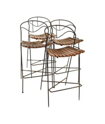 Arthur Umanoff for Raymor Mid Century Iron and Wood Barstools - Set of 4 - Image 1 of 4