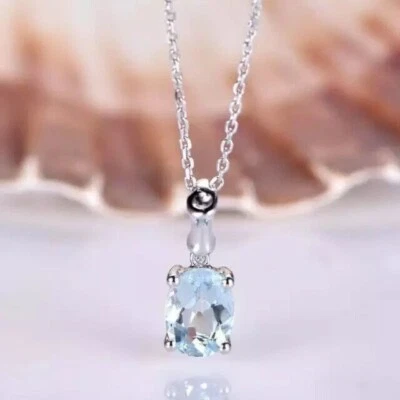 Oval Cut Simulated Aquamarine Beautiful Pendant With Chain 14k White Gold Plated - Image 1 of 4
