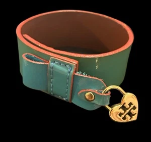 Tory Burch Heart Lock Charm leather Cuff bracelet Blue 8" Y2K adjustable READ - Picture 1 of 5
