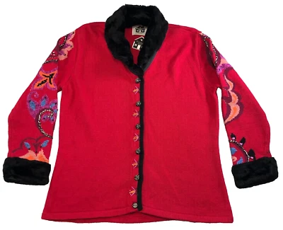 Storybook Knits Womens Cardigan Size L Faux Fur Trim Christmas Embroidery NWT - Image 1 of 4
