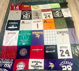 Handmade Sports Fan Quilt 36-pc Patchwork T-Shirts Football Basketball Baseball - Picture 1 of 12