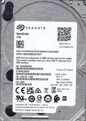 ST4000LM024 p/n: 2U817V-566 s/n: WCK fw: 0001 TK JAN/ 2025 4TB SATA 2.5" SEAGATE - Image 1 of 4