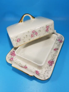 Bavaria Schumann Arzberg Covered Butter Dish Pink Roses, Gray Leaves, Gold Trim - Picture 1 of 9