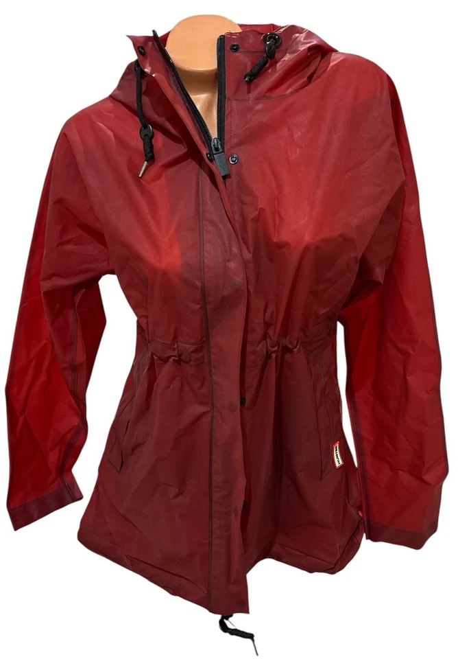 Abrigo de Lluvia Hunter Rojo con Cintura Ajustada Chaqueta Con Capucha Botón Cremallera Completa Talla S Foto 1 de 4