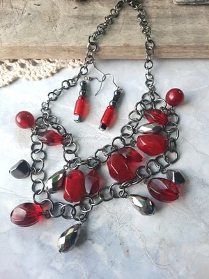 Faux Garnet Beaded Jewelry Set, Red, Gunmetal Hematite Necklace & Earrings - Image 1 of 4