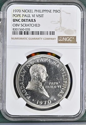 PHILIPPINES 1970 POPE PAUL VI VISIT COMMEMORATIVE NICKEL PISO NGC UNC DETAILS - Image 1 of 4