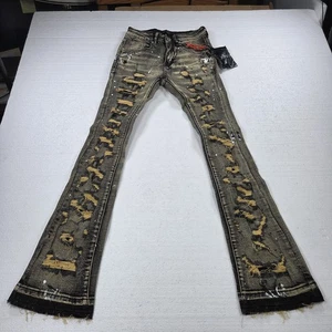 Pantalones de mezclilla THRT 28 negros desgastados rasgados acampanados apilados pintura salpicaduras dobladillo crudo - Imagen 1 de 9