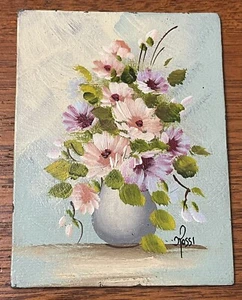 Vintage Floral Flowers In Vase Oil Painting Small / Miniature Signed Rossi - Picture 1 of 8