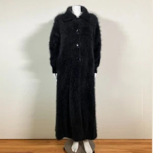 Manteau pull long formel doublé noir 80% angora flou vintage VENESHA 48" buste - Photo 1/11