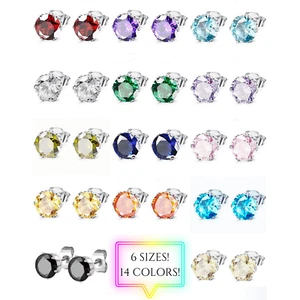 CZ Birthstone Stud Earrings, 3/4/5/6/7/8mm, Hypoallergenic Stainless Steel 316L - Picture 1 of 17