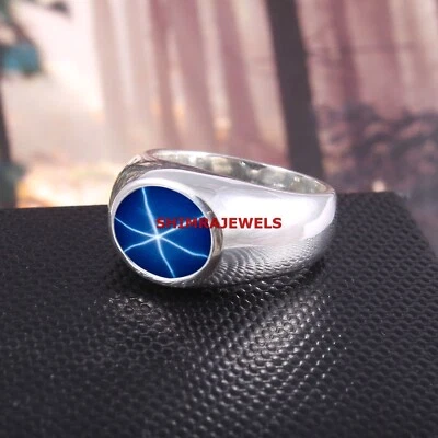 Lab Created Linde Star Sapphire With White Gold Plated Silver Ring for Men #981 - image 1 of 4