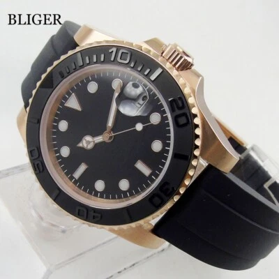 Reloj automático para hombre BLIGER 24 Jewels NH35 oro rosa bisel cerémico correa de goma Foto 1 de 4