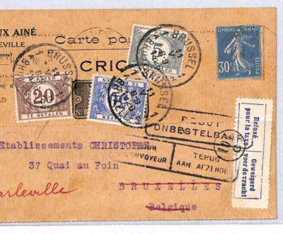 FRANCE Card 30c Sower UNDERPAID Retour *BELGIUM POSTAGE DUE* 1926 Brussels YQ147 - Image 1 of 4