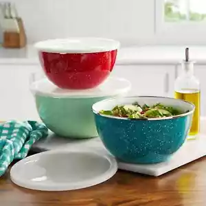 The Pioneer Woman 6-Piece Enamel on Steel Mixing Bowls with Lids Durable - Picture 1 of 8