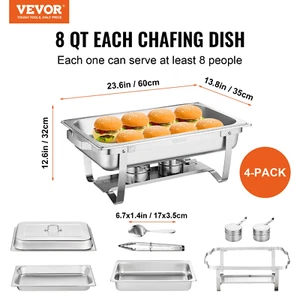 VEVOR 4-Pack Rectangle Chafing Dish Set with Full-Size 8Qt Pan Frame Fuel Holder - Picture 1 of 10