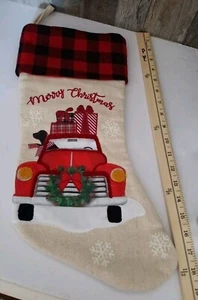 Burlap Christmas Stocking Red Truck Plaid Embroidered  - Picture 1 of 6