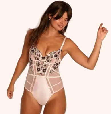 Enchanted Paris Bodysuit Pink Black Embroidered Lace Peach Pink Mesh Size 36C - Image 1 of 3