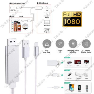 For iPhone 14 13 12 11 8 7 6 XR HDMI Mirroring Phone to TV HDTV Adapter AV Cable - Image 1 of 4