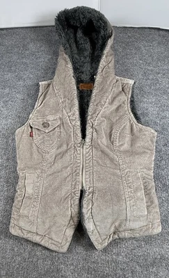Levi’s Faux Fur Corduroy Vest Hoodie Women’s Size LARGE Beige/gray - Image 1 of 4