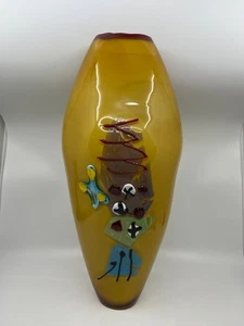 Große Viz Art Glas mundgeblasene bernsteingelbe Vase mit abstrakten Akzenten 18" Zustand - Bild 1 von 18