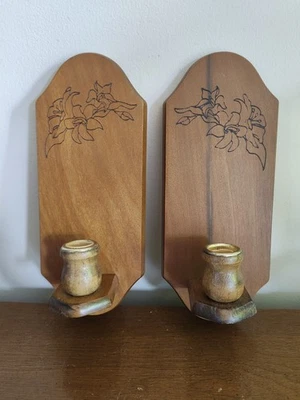 PAIR Vintage House Of Lloyd Wood Sconces With Woodburn Floral Detail Cottagecore - Image 1 of 4