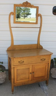 Antique Rare Oak Hotel Washstand Commode w Beveled Mirror Spiegel Shelbyville IN - Image 1 of 4