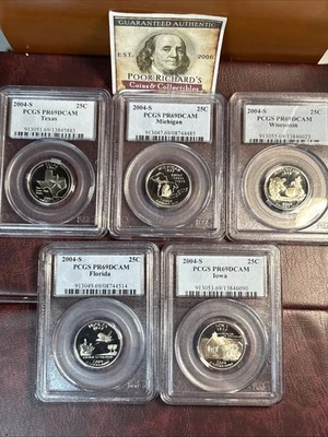 Complete 2004S Set: PCGS PR69DCAM State Qtrs: TX, MI, WI, FL, IA. CQ22 - Image 1 of 4