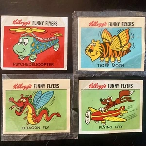 4x Funny Flyers Stickers Kellogg's R&L 1972 vintage 70s flying fox dragon fly + - Picture 1 of 15