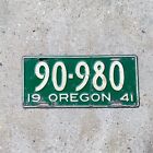 1941 Oregon License Plate 90 980 Vintage Green White Nice Condition