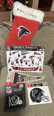 NFL Atlanta Falcons Lot - Nylon Wallet, Mini Pennant, Spirit Decals, Stocking - Image 1 of 4