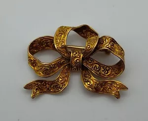 Antique 14K Yellow Gold Embossed Ribbon Bow Brooch Pin Lapel - Picture 1 of 9