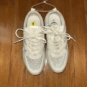 New Guess Welna Beige Ivory Logo LaceUp Crystal Sneaker Stretch Shoes, Size: 9 - Picture 1 of 10