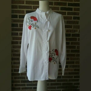 Crossing Pointe Asian Inslired Top with Mandarin Collar and Embroidered Fans - Picture 1 of 7