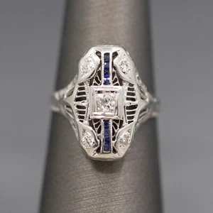 Antique Art Deco Petite Sapphire and Diamond Dinner Cocktail Ring in 18k White G - Picture 1 of 10