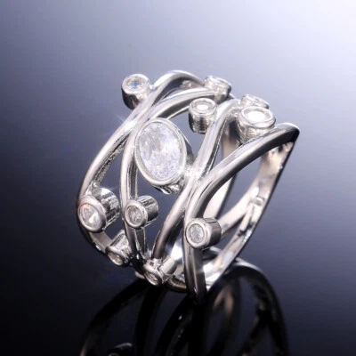 UK Fashion Cubic Zircon Women 925 Silver Filled Ring Wedding Ring Sz 6-10 - Image 1 of 4