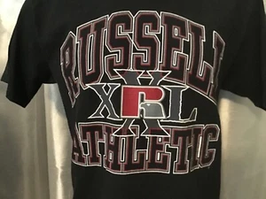 USA vtg 90s RUSSELL ATHLETIC XRL black L 42" t-shirt full Spell Out Logo Graphic - Picture 1 of 9