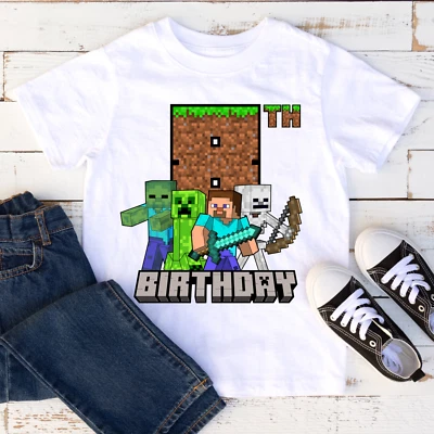 ALEXANDRASHANDMADEGB Minecraft Gamers Birthday Age printed white crewneck Age Birthday T-shirt #00186
