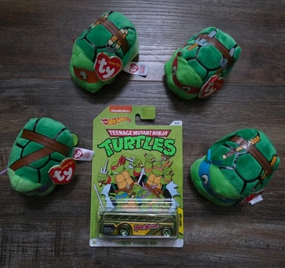 TMNT SET Hot Wheels Teenage Mutant Ninja Turtles Fiesta Autobús y Tortugas TY Foto 1 de 4