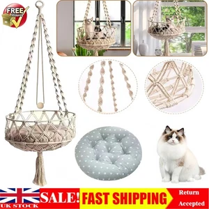 Hand Woven Hanging Basket Cat Hammock Macrame Cat House Cat Swings Bed Cushion - Picture 1 of 23