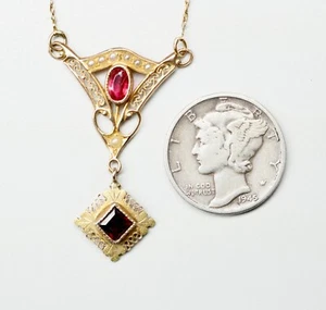 Antique 14K Yellow Gold Art Nouveau Lavalier Necklace Ruby & Garnet Crystals - Picture 1 of 9