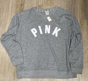 PINK VICTORIAS SECRET Grey Logo Sweatshirt Sz L NWT - Picture 1 of 8