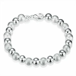 Damen 925 Sterling Silber 8 mm mattiert schlicht Hohl Perlen Kette Armband - Bild 1 von 6