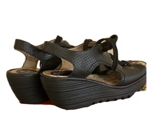 Fly London Ylfa Black Leather Lace up Comfort Wedge Sandals Size EU 40 - Picture 1 of 5