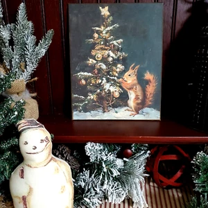 VINTAGE PRIMITIVE VICTORIAN FOLK STYLE CHRISTMAS SQUIRREL TREE ORNAMENTS SIGN - Picture 1 of 10
