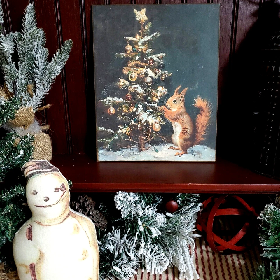 VINTAGE PRIMITIVE VICTORIAN FOLK STYLE CHRISTMAS SQUIRREL TREE ORNAMENTS SIGN - Image 1 of 4