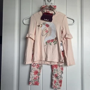 NEW NWT girls Size 4T Pretty 3 Piece Nannette Unicorn Pant Set With Hair Bow - Picture 1 of 5