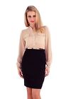 New Womens Chiffon Long Puff Sleeve Gold Strap 2 in1 Belted Dress 8-14